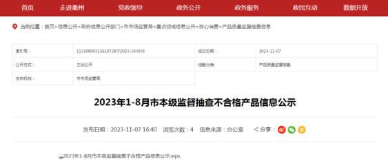 浙江省衢州市公示2023年1-8月市本級(jí)監(jiān)督抽查不合格產(chǎn)品信息